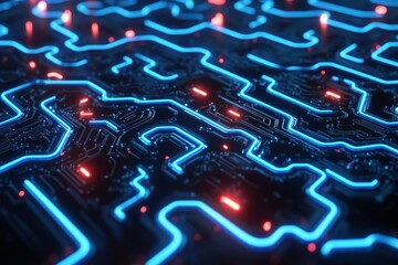 Aufkleber - Neon Circuit Board with Glowing Lines and Red Highlights