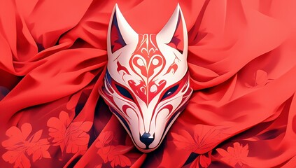 Poster - Intricately Designed White Fox Mask Against Rich Red Fabric with Floral Patterns for Artistic and Cultural Expression