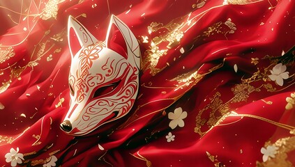 Poster - Intricate Red Fabric with Ornate Fox Mask Surrounded by Floral Accents and Golden Patterns for Artistic and Cultural Themes