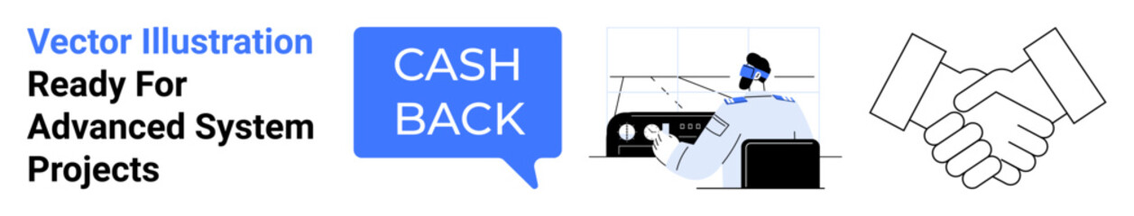 Poster - cashback speech bubble, handshake symbolizing collaboration, employee at control panel. ideal for fi