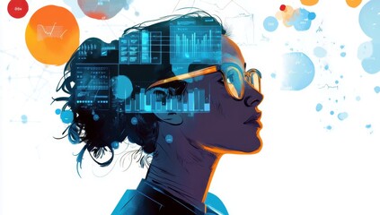 Poster - Silhouette of Woman with Data Visualization and Modern Graphics