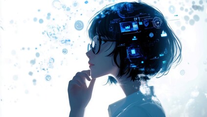 Poster - Thoughtful young woman in profile with futuristic digital interface glowing in her mind representing creativity, technology, and innovation in a dreamlike atmosphere