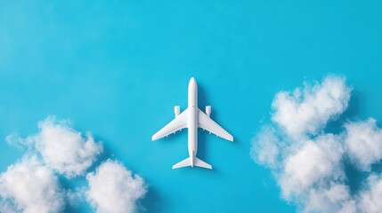 Poster - A minimalist white airplane icon set against a backdrop of a vibrant blue sky with fluffy white clouds, evoking a sense of carefree travel and adventure.