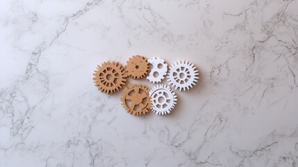Poster - A stylized handshake icon with gears and cogs intertwined, representing the synergy of teamwork and the interconnectedness of global business.