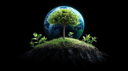 Poster - A vibrant green globe with sprouting plants and trees emerging from the continents, symbolizing environmental awareness, sustainability, and ecological balance.