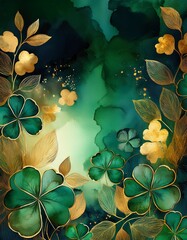 Wall Mural - A stunning green and gold clover composition with a soft, artistic watercolor background. The open space makes it perfect for greeting cards, branding, and festive ads.