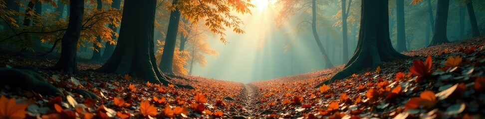 Wall Mural - Forest floor with fallen leaves and misty atmosphere, isolated, calm