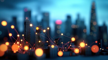 Poster - A network of nodes and connections superimposed over a bustling cityscape, highlighting the role of technology in urban environments, smart cities, and global connectivity.