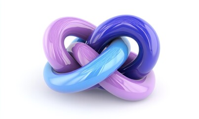 Abstract 3D render of an interlocked knot in purple, blue, and light blue.