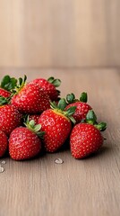 Wall Mural - Elegant Close up of fresh strawberries glistening with dew their vibrant red skin and tiny seeds glowing under natural sunlight on a wooden table 