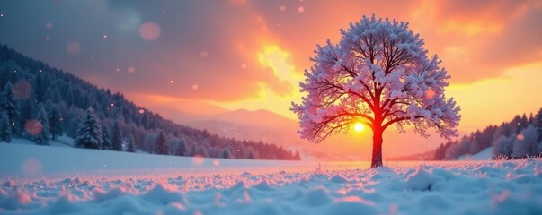 Wall Mural - Snowflakes fall gently around a lone tree as the winter sunset casts a warm glow, calm, nature, snowfall