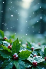 Wall Mural - Snowflakes gently fall on a bed of emerald green leaves in a serene winter landscape, holly, winter background