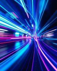 Aufkleber - an abstract visual that simulates rapid movement using vibrant light trails in blue and pink colors. The scene resembles a tunnel or corridor, giving a feeling of speed and dynamism.
