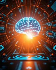 Poster - a digital depiction of a glowing brain, with data and technology interfaces