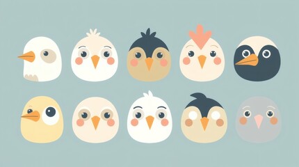 Poster - an adorable collection of cartoon bird faces. These cute birds are set against a blue background