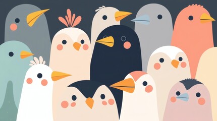 Poster - a gathering of cartoon birds with various colors and expressions, creating a sense of a diverse and whimsical collection
