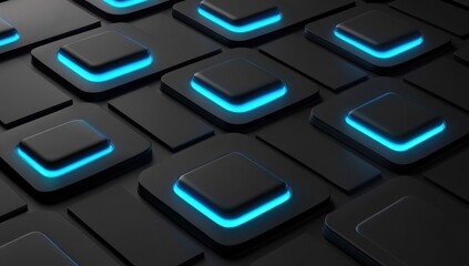 Poster - Abstract black squares with neon blue glow.