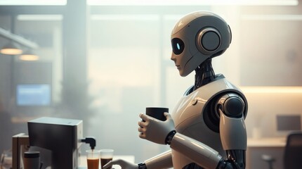Aufkleber - a futuristic robot taking a break while holding a coffee cup in an office setting. The robot is a sleek design