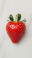 Wall Mural - Elegant Macro shot of a single strawberry showing its glossy red surface delicate seeds and the green crown vibrant and appetizing 
