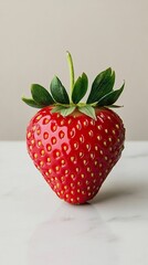 Wall Mural - Elegant Macro shot of a single strawberry showing its glossy red surface delicate seeds and the green crown vibrant and appetizing 