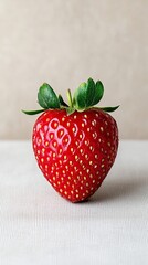 Wall Mural - Elegant Macro shot of a single strawberry showing its glossy red surface delicate seeds and the green crown vibrant and appetizing 