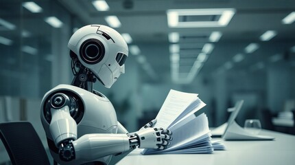 Poster - a robot is sitting in the office reading documents, examining the paper with a focused expression. A futuristic concept of artificial intelligence in the workplace