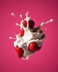 Poster - fresh strawberries burst into cream, a visually stunning splash of color and flavor