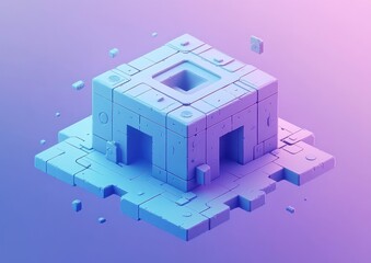Poster - Abstract 3D rendering of a futuristic, cube-shaped structure with geometric details and pastel colors.