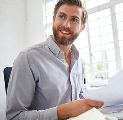 Aufkleber - Man, thinking and review paperwork in office, administration and company feedback with filing. Male person, professional administrator and documents for schedule management, reading and planning