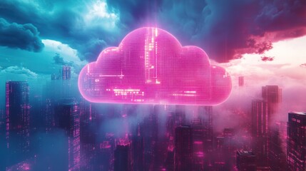 Poster - Futuristic cityscape with a glowing pink cloud symbolizing digital connectivity amidst a dramatic sky and skyscrapers