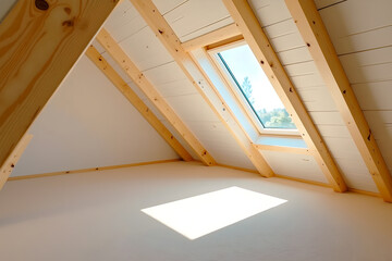 Poster - A bright, minimalist attic space featuring wooden beams and windows, allowing natural light to illuminate the room.