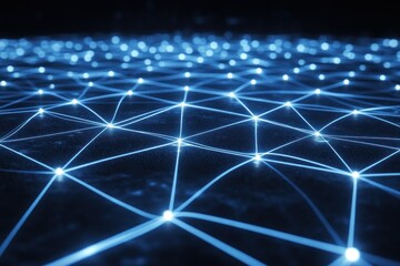 Poster - a mesmerizing view of a glowing network grid showcasing interconnected nodes on a dark surface, symb