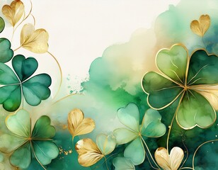 Wall Mural - A rich watercolor background with green and gold clovers surrounding an open text space, great for elegant St. Patrick’s Day designs, seasonal branding, and invitations.