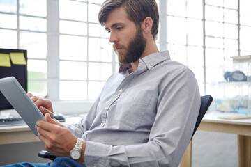 Poster - Man, typing and employee with tablet in office, event coordinator and online for helping client. Planning, male person and business chat at creative agency, communication app and website for email