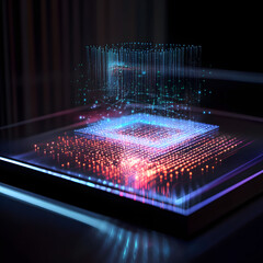 A computer chip is shown in a colorful, glowing light