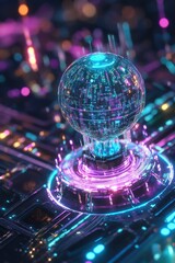 Poster - A vibrant, futuristic digital landscape featuring a glowing orb surrounded by intricate circuitry and colorful lights
