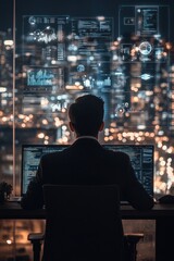 Poster - Business professional analyzing data in modern office at night