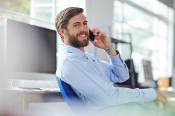 Poster - Man, architect and phone call in office, smile and online for negotiation on proposal. Property, development and speaking with business client in workplace, project feedback or conversation on design