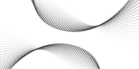 Flowing dots particles wave pattern 3D curve halftone black gradient curve shape isolated on white background.