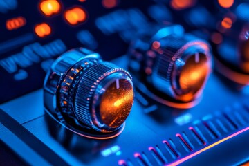 Poster - Close-Up of Audio Mixer Knobs and Controls in Neon Light Colors