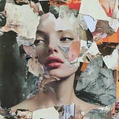  Surreal Portrait of a woman with lots of flowers art expression pastel color. Abstract trendy art paper cut collage design illustration.