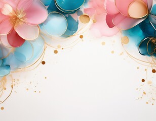 Wall Mural - A delicate watercolor floral border with soft blues, pinks, and gold accents, featuring copy space for text. Ideal for wedding invitations and greeting cards.