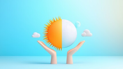 Poster - Minimalist 3D day-night symbol, split into bright sun and soft moon, clean lines, professional stock image, 8K resolution.