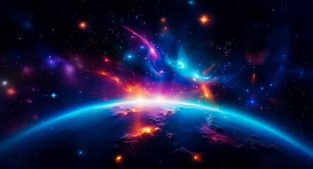 Poster - Vibrant space scene displays a planet emerging from cosmic dust and colorful nebula with bright lights, showcasing a stunning celestial view.