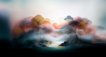 Poster - A dreamy landscape painting with soft colors shows trees emerging from a misty fog. A gentle light illuminates the scene, creating a tranquil and ethereal atmosphere.