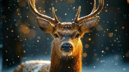 Poster - Deer with snow on antlers in a winter forest with sunlight. Nature and wildlife concept