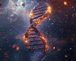 Poster - Glowing DNA Helix in Space with Fiery Particles and Cosmic Background