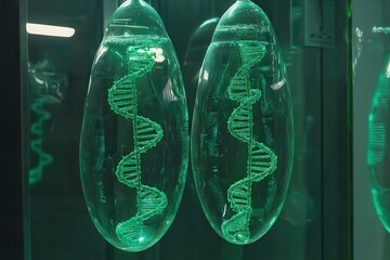 Poster - Intricate Green DNA Helix Structures in Glass Containers