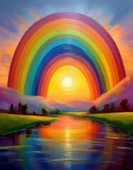 Wall Mural - A bold rainbow arches over a sunlit lake with a painterly texture. Great for uplifting branding, posters, LGBTQ+ pride themes, and vibrant social media content.