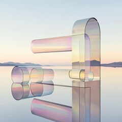 Poster - Abstract Transparent Shapes Over Calm Landscape at Dawn